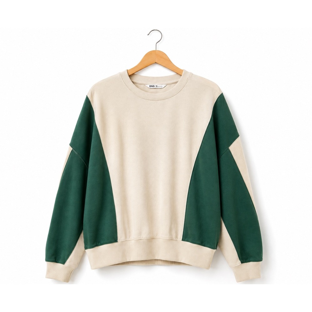 DSG Women Colorblock Crewneck Sweatshirt Cream Green Oversized Fleece Pullover M